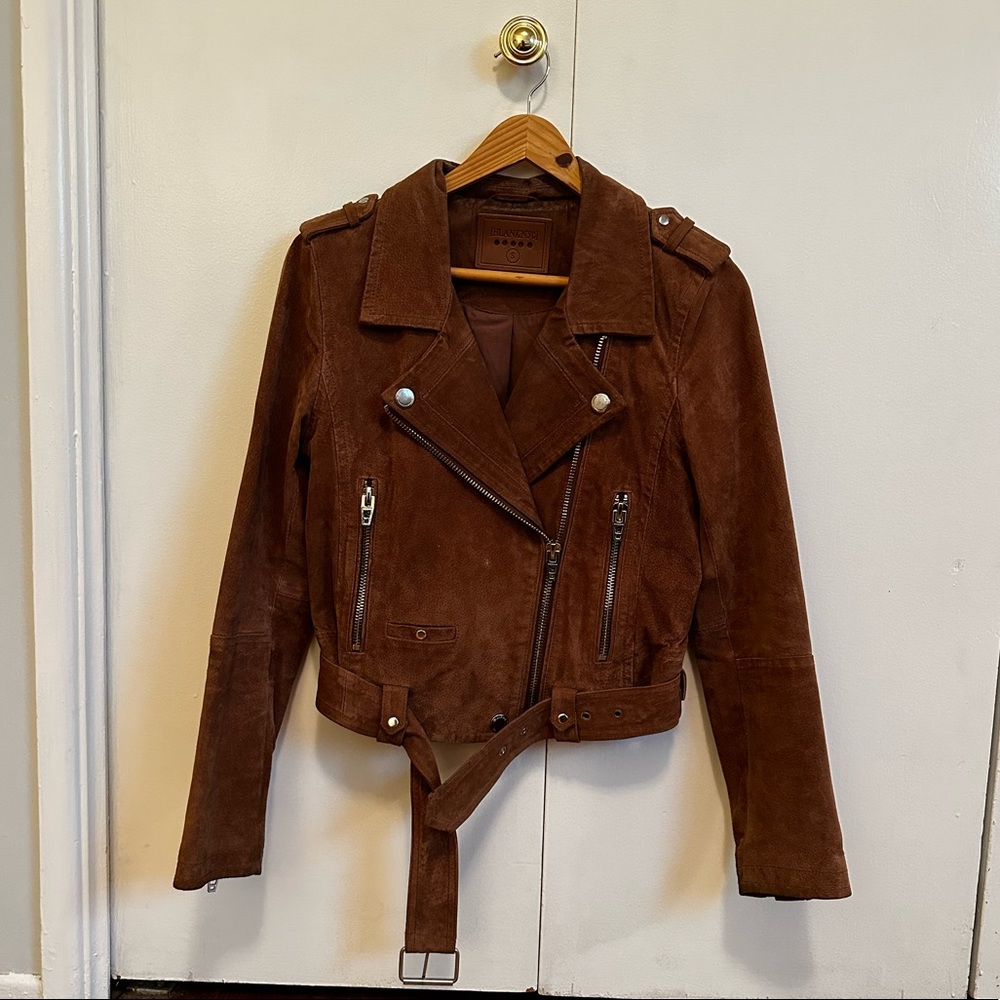 Blank NYC Womens Camel Suede Moto Jacket in Coffee Bean Camel/Beige Small
